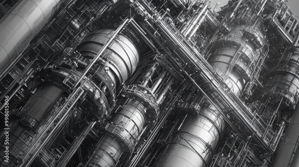 Poster close up of petrochemical refinery showcasing intricate metal structures and pipelines, highlighting