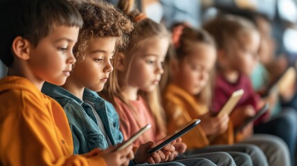 Diverse group of Gen Alpha children engaged with tablet computers in a vibrant classroom setting with natural lighting