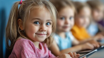 Diverse group of Gen Alpha children engaged with tablet computers in a modern, interactive classroom setting