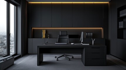 Home office with a minimalist black theme, featuring a matte black desk, charcoal walls, and subdued lighting for a sleek look Modern and sophisticated