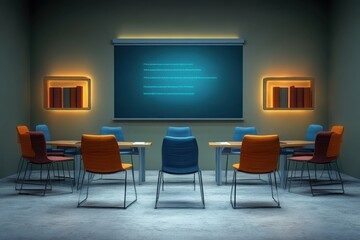 Bright Learning Space. Modern classroom setup with empty chairs and desks facing digital smartboard, perfect for educational presentations, training sessions, online learning, corporate workshops, vi