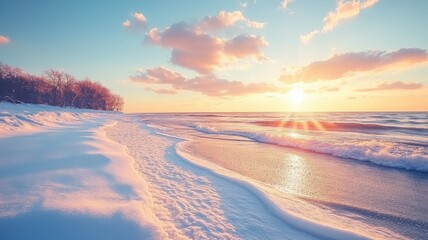 Serene beach at sunset with snow and waves, creating a tranquil winter scene.