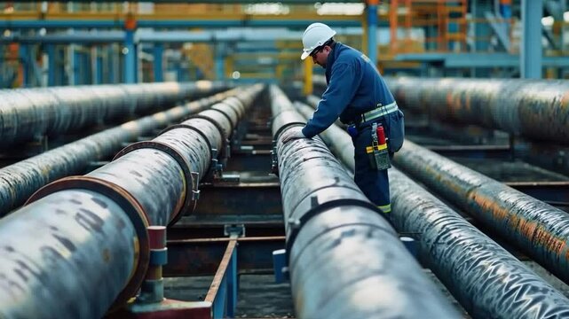 Male worker inspection at steel long pipes and pipe elbow in station oil factory during refinery valve of visual check record