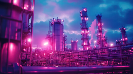 vibrant industrial scene showcases petrochemical facility with towering structures illuminated in pink hues against dramatic sky. intricate network of pipes and equipment reflects modern engineering