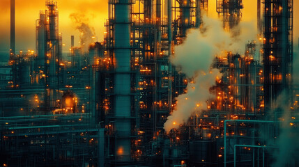 image showcases vibrant industrial petrochemical facility, with towering structures and billowing smoke against dramatic sunset. scene evokes sense of energy and complexity in manufacturing process