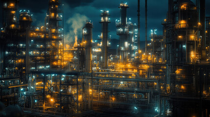 Fototapeta premium vibrant industrial petrochemical facility illuminated at night, showcasing intricate pipelines and towering structures. scene conveys sense of energy and complexity in manufacturing process
