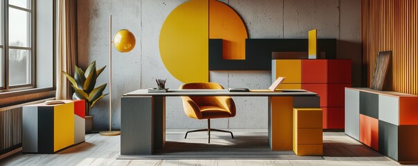 Home office with a minimalist Bauhaus theme, featuring geometric furniture, primary color accents, and functional design elements Artistic and streamlined