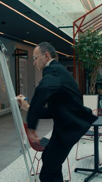 Vertical medium shot of young man in black suit starting scribbling on flipchart and dancing eccentrically, while working in modern office