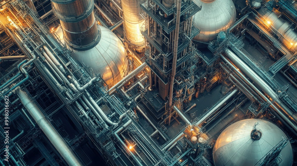 Poster aerial view of industrial petrochemical facility showcasing intricate pipelines and towering structu