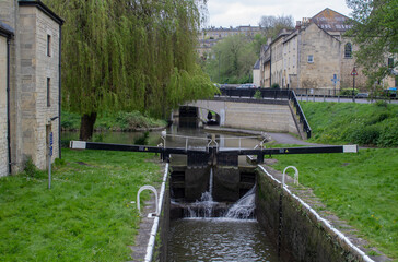 A view of the Bath Deep Lock on the Kennet and Avon Canal near The Pulteney Road in Bath Somerset, England.