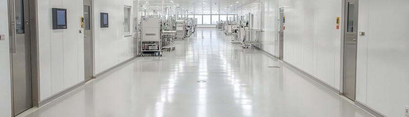 A clean and sterile medical corridor featuring bright lights and modern equipment for healthcare professionals.