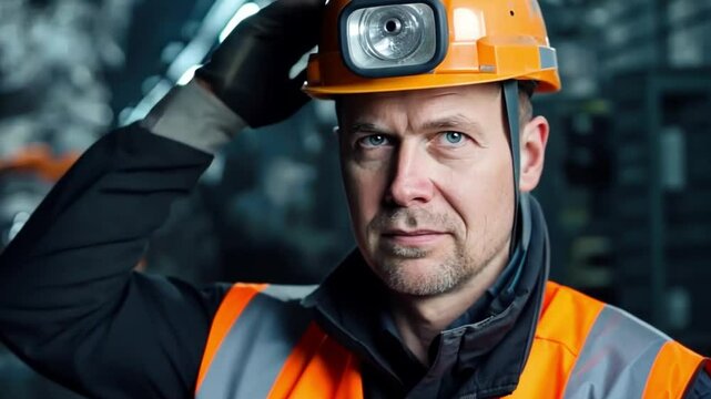 Miner engineer wearing a helmet looking at the mining site