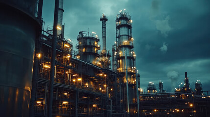 image showcases industrial petrochemical facility with towering structures and illuminated pipes against moody sky, reflecting complexity of modern energy production