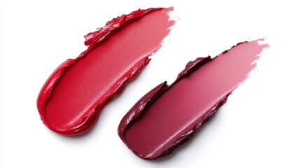 Sheer, creamy lip balm swatches in cherry red and plum, blending together to create a dewy just-bitten lip effect.