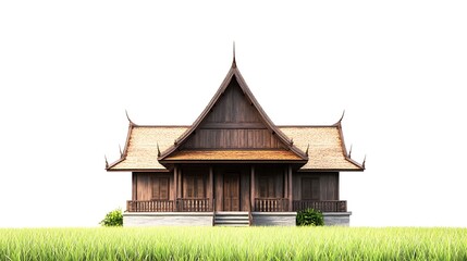 Fototapeta premium Traditional Thai House with Gable Roof in a Field