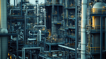 Industrial complex with intricate piping and structures, showcasing petrochemical plants operations. scene reflects complexity and scale of modern industrial processes