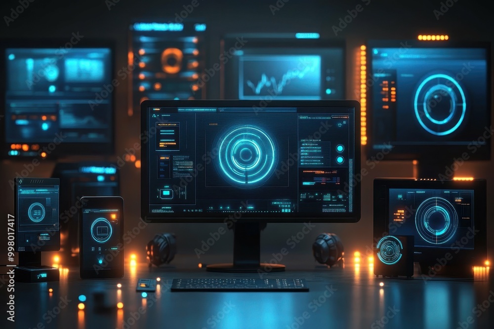 Aufkleber smart home gadgets. multiple electronic devices displaying data analytics and futuristic interfaces 