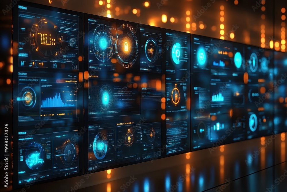 Poster smart home devices. futuristic digital dashboard displaying analytics data and technology metrics on