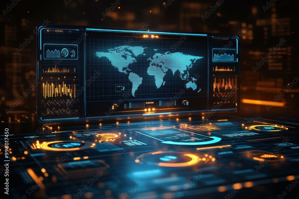 Aufkleber cybersecurity data dashboard. futuristic digital control panel with world map interface displaying g