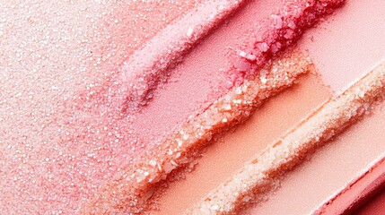 Fototapeta premium A close-up of dewy blush and highlighter swatches in sunny shades of peach and coral, arranged to create a radiant, glowing finish.