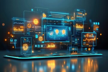 Fototapeta premium Futuristic digital interface with holographic data visualization and analytics on transparent screens, advanced technology concept for business, finance, innovation, dark background, neon blue and or