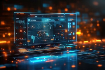 Obraz premium Smart Data Visualization. Futuristic laptop displaying data analytics dashboard with glowing holographic interface, technology innovation concept, business presentation, digital transformation, cyber