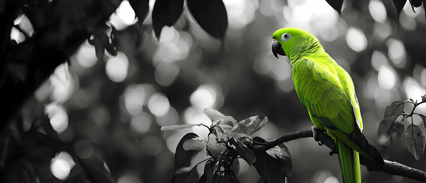 A bright green parrot perched on a black and white tree branch in a monochrome jungle