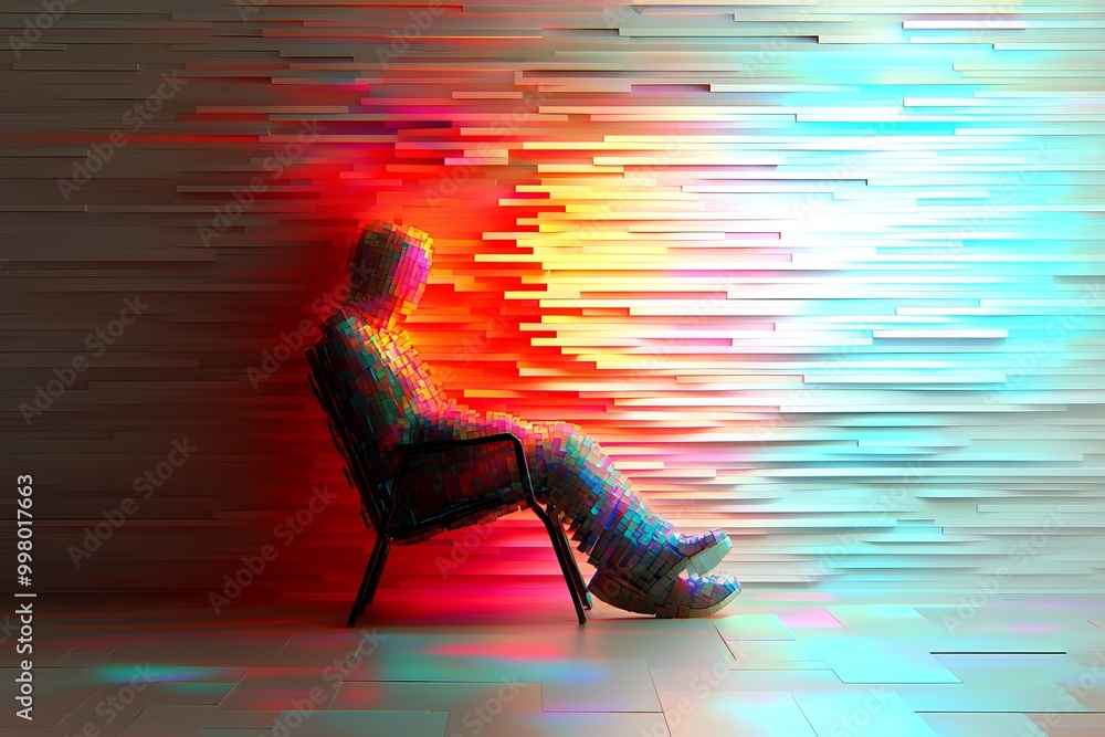 Poster abstract digital artwork of a seated person dissolving into colorful horizontal lines representing t