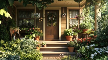 A cozy front porch, with an open door at a three-quarters view, potted plants line the steps and wind chimes hang from the roof