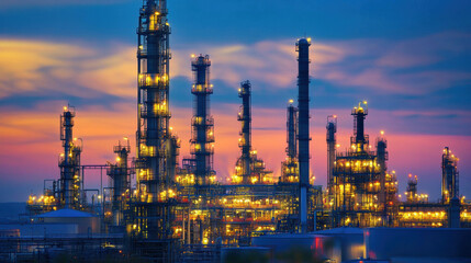 image showcases vibrant petrochemical plant at dusk, with numerous towering structures illuminated against colorful sky. scene conveys sense of industrial activity and energy