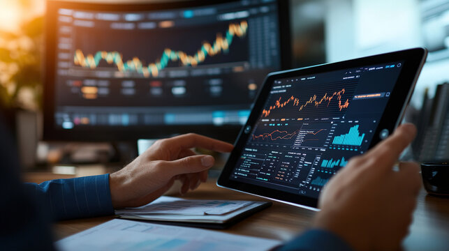 Business professional using tablet to track stock market with screen showing graphs and data, sitting at desk next to computer monitor.