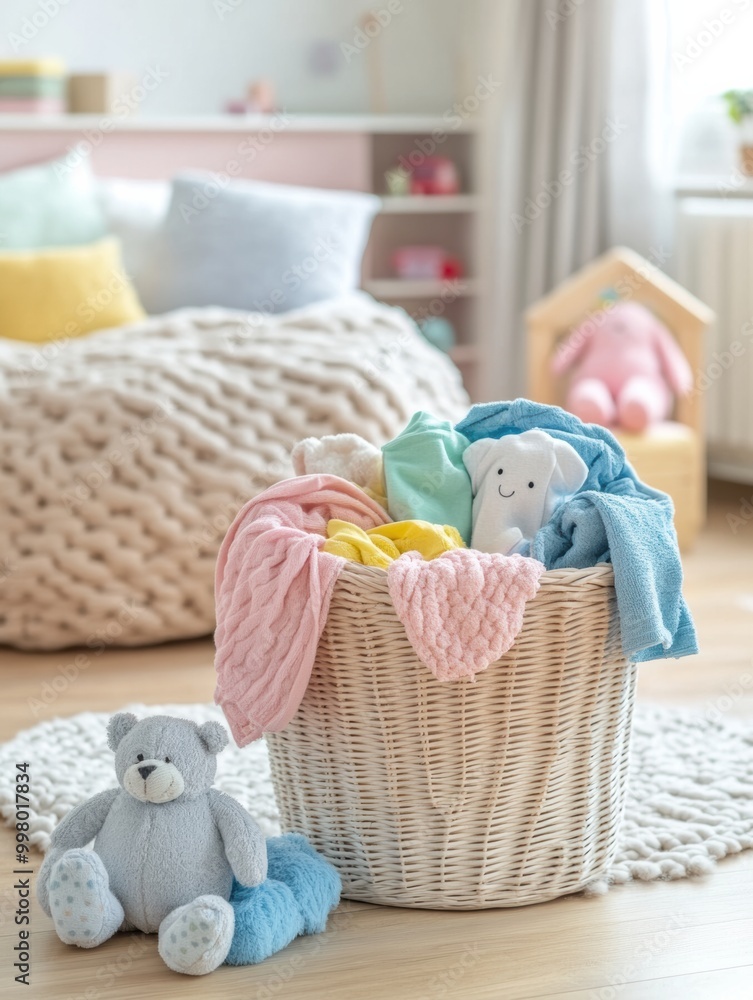 Poster a laundry basket brimming with colorful children's clothes and soft toys sits in a sunlit room, crea