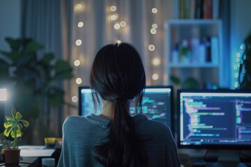 Asian woman codes AI projects remotely from home.