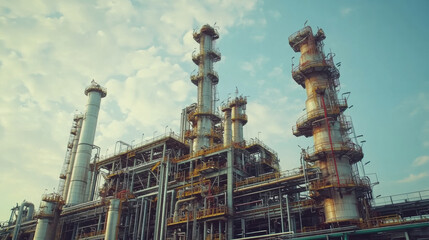 image showcases large petrochemical plant with towering structures and intricate piping against cloudy sky, reflecting industrial activity and innovation