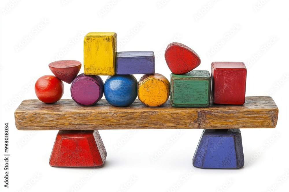 Poster abstract balancing structure of colorful geometric shapes arranged on a wooden beam symbolizing bala