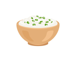Sour cream with green onions in bowl. Vector cartoon flat illustration.