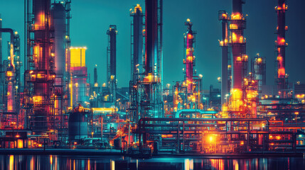 Obraz premium vibrant petrochemical plant illuminated at night, showcasing towering structures and intricate piping systems. scene captures industrial beauty and complexity of refining processes