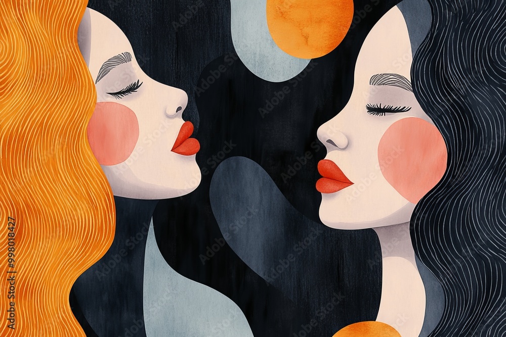 Poster abstract illustration of two women in a stylized flowing design facing each other with bold colors a