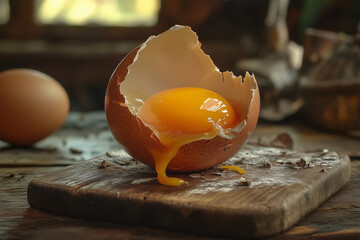 Egg on the wooden desk, kitchen interior. World Egg Day concept
