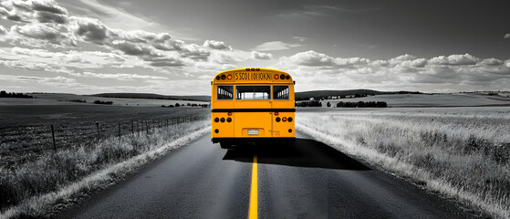 A yellow school bus driving down a black and white empty rural road