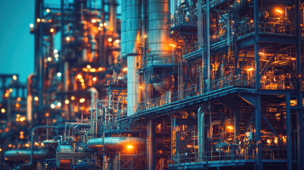 Industrial plant with refining equipment, showcasing intricate piping and glowing lights, creating vibrant atmosphere of petrochemical production