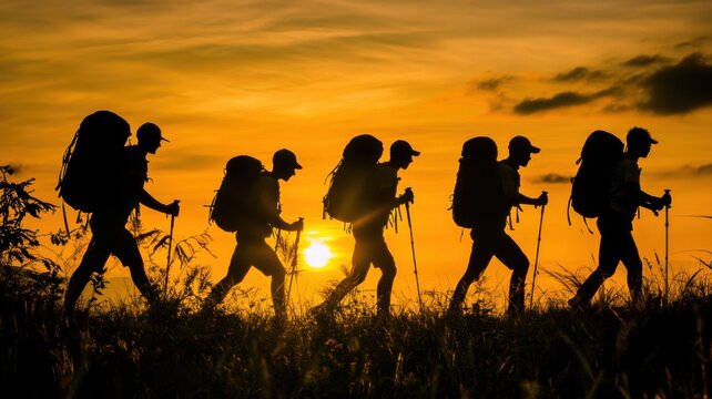 Silhouettes of hikers trekking at sunset with backpacks and walking sticks.