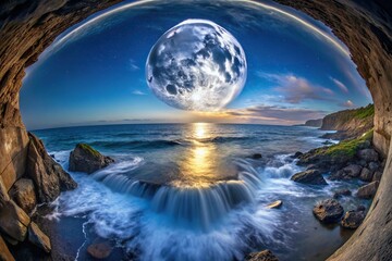 Fototapeta premium Fisheye moon reflected in waterfalls on the sea at night