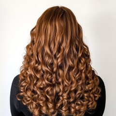 Brown curly hair, shiny, back view on a white background.