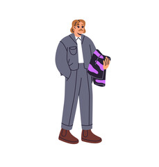 Stylish man in formal suit carries patterned clothes, purchase from shopping. Business person with mustache wearing costume, holds rag, garment on hand. Flat isolated vector illustration on white