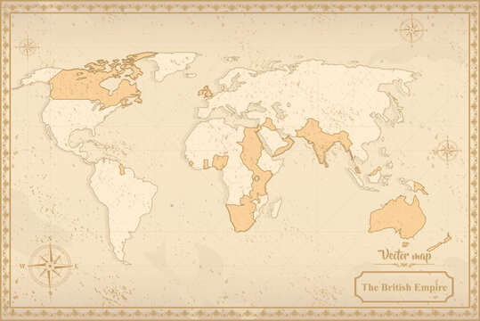 Map of British Empire in the old style, brown graphics in retro fantasy style.