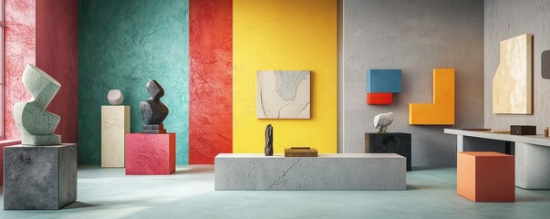 Home office with a modern art gallery theme, featuring abstract sculptures, bold color blocks on the walls, and minimalist furniture Artistic and vibrant