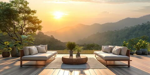 Fototapeta premium Modern wooden patio set with a mountain sunrise backdrop, surrounded by fresh spring greenery.