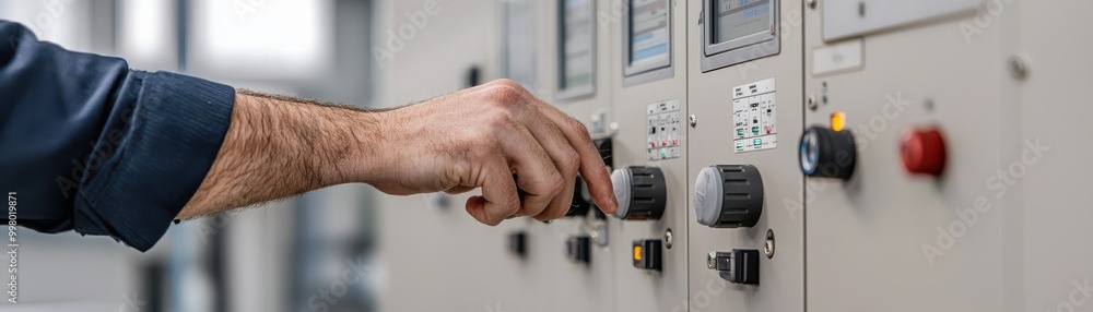 Poster hand adjusting a control panel, showcasing precision in operation and attention to detail in industr