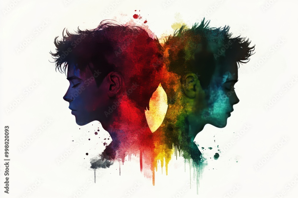 Aufkleber artistic portrait of two male heads in profile with colorful paint splashes between them representin